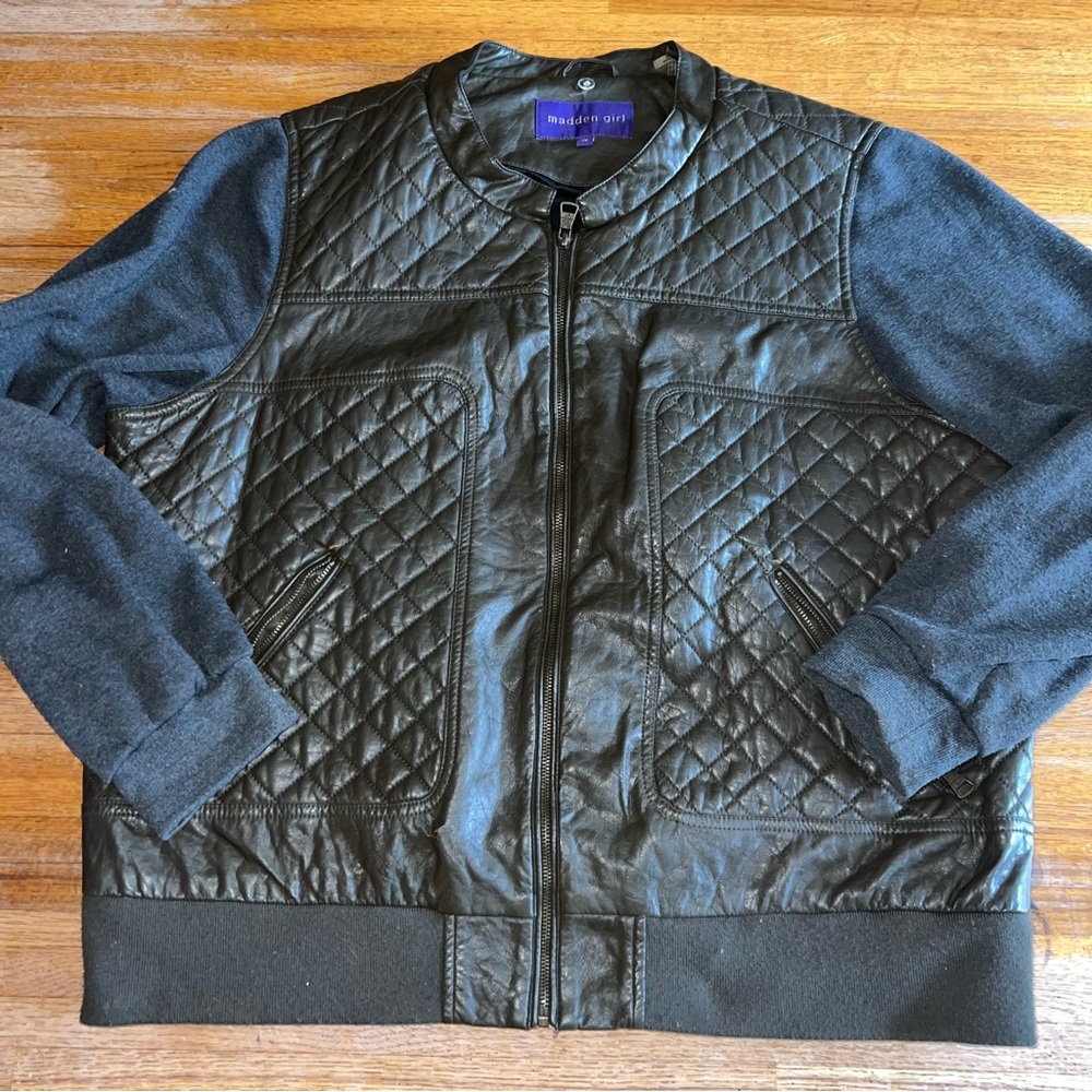 Madden Girl Women 2XL Brown Quilted Bomber Gray Cloth Sleeve Full Zip Jacket